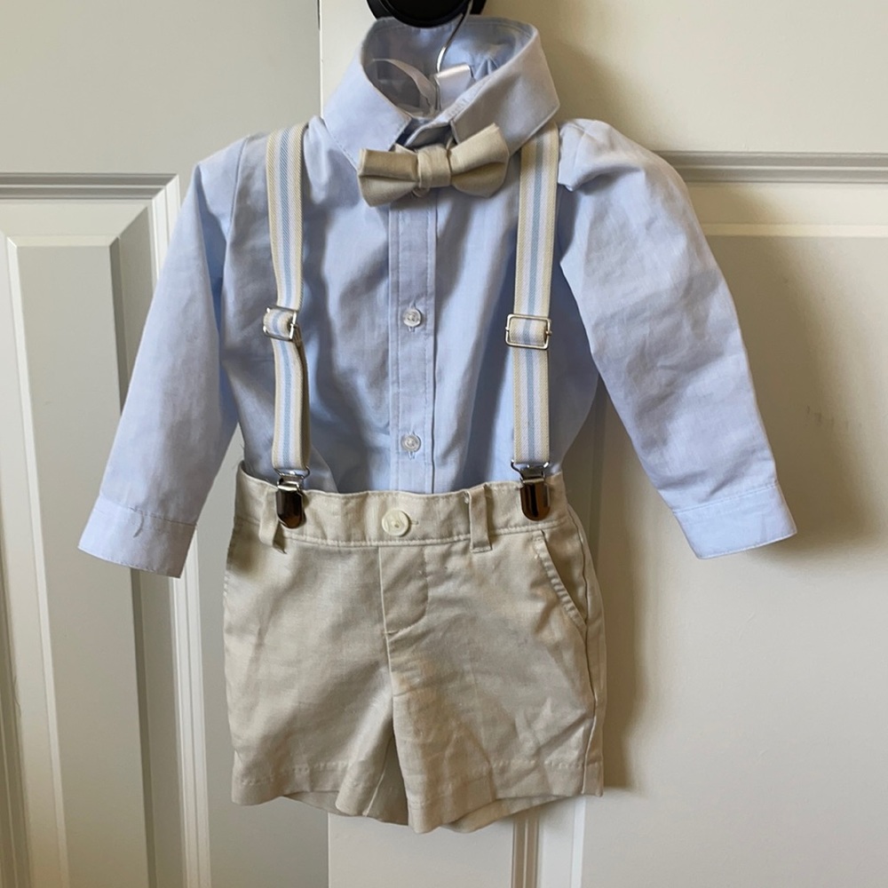 Baby Edgehill Collection Wedding Church outfit bow tie and linen 9 months EUC
